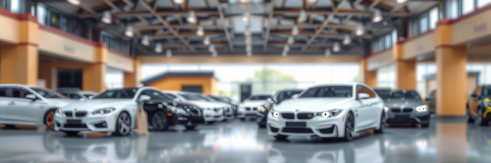 Luxury cars showcased in a modern showroom with bright lighting and spacious design